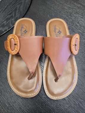 Patricia Nash Cognac Leather Thong Sandals with Woven Buckle